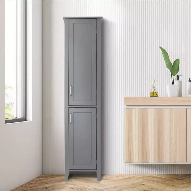 Meuble Colonne de Rangement Linge de Maison en Bois Style Mid-Century Moderne Gris - Elegant Home Fashions