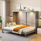 Lit escamotable Queen Size avec lumières LED, blanc/gris-ModernLuxe