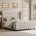 VASAGLE Queen Bed Frame with Tall Headboard, Upholstered Platform Bed Frame Queen Size, with Wingback Tufted Headboard Cappuccino Beige