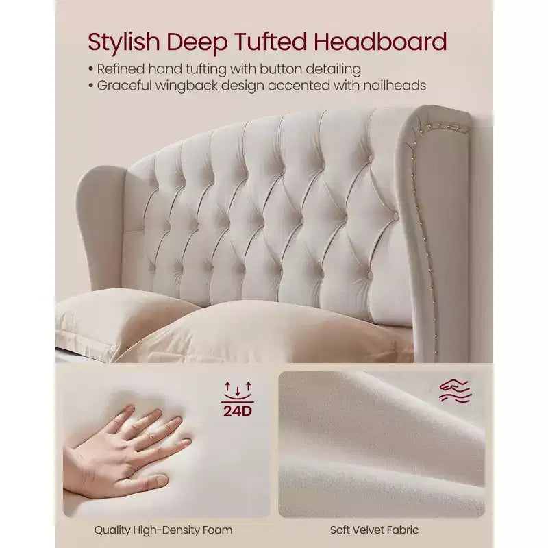 Cadre de lit Queen Size avec tête de lit haute, lit plateforme rembourré Queen Size, avec tête de lit capitonnée à oreilles Beige Cappuccino