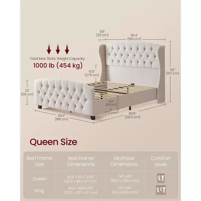 Cadre de lit Queen Size avec tête de lit haute, lit plateforme rembourré Queen Size, avec tête de lit capitonnée à oreilles Beige Cappuccino