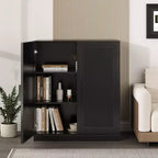 PexFix 36x31x16 Rattan Wood Accent Cabinet with Adjustable Shelf Storage Cabinet Black