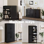 36x31x16 Meuble d'appoint en rotin et bois avec étagère réglable, meuble de rangement noir