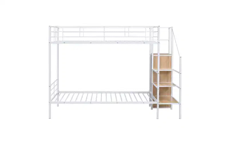 Lit superposé métallique double avec escalier de rangement latéral et armoire intégrée