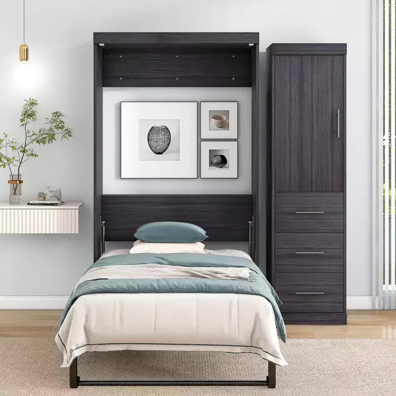 Lit escamotable en bois avec armoire et tiroirs