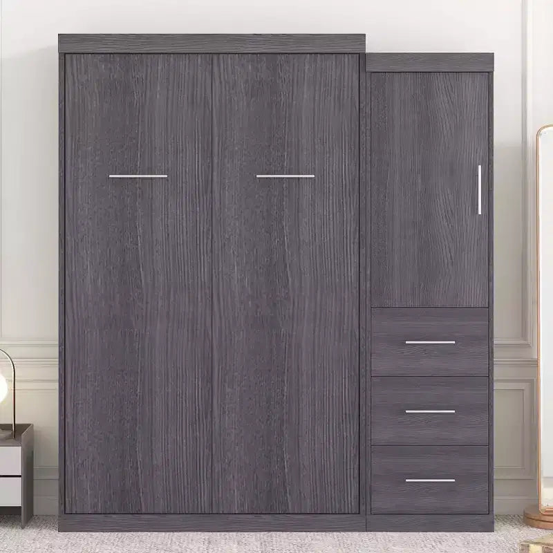 Lit escamotable en bois avec armoire et tiroirs