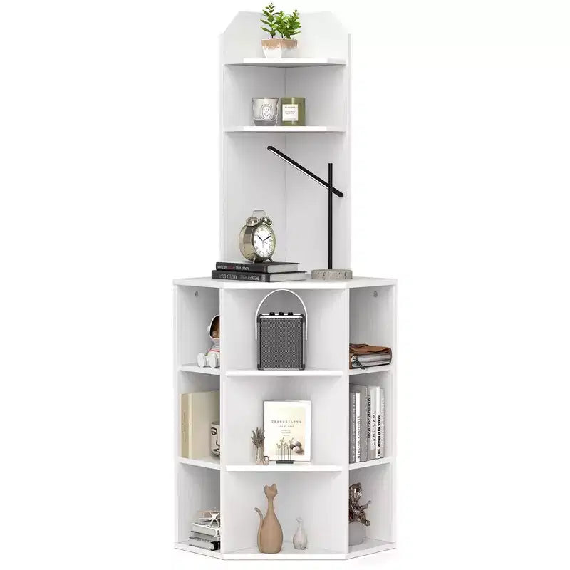 Étagère d'angle à 6 niveaux 63 po de haut avec 2 ports USB et station de charge Brun/Blanc