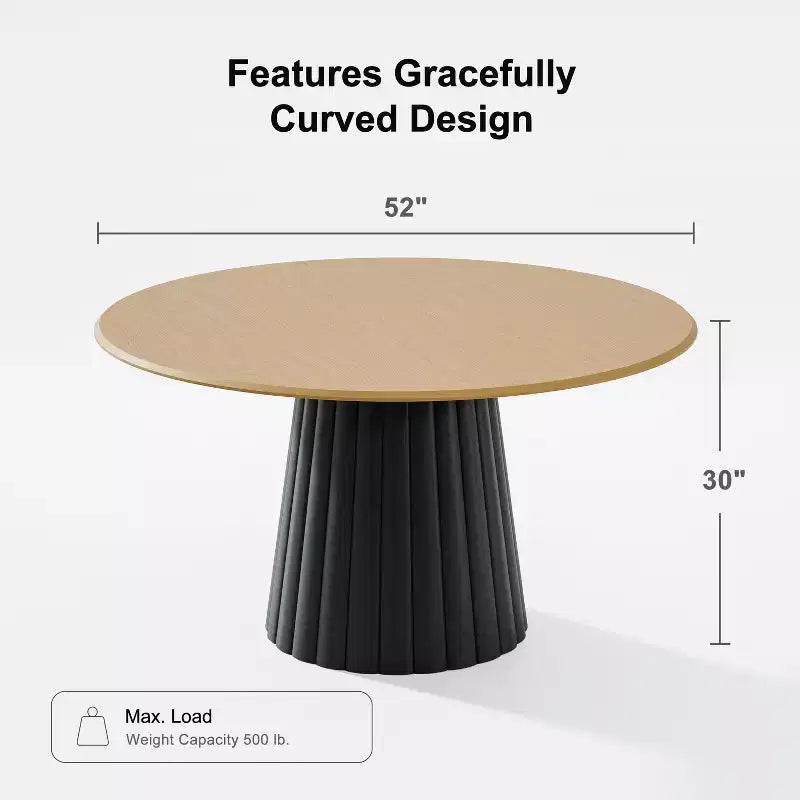 Table à manger ronde en bois de 52 po pour 4 à 6 personnes avec plateau à bord arqué et base conique texturée pour salon/salle à manger/café/bureau Naturel