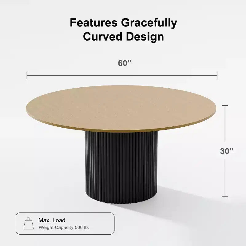 Table de salle à manger ronde en bois massif de 60" - Table de cuisine pour 6-8 personnes avec plateau et pieds cylindriques concaves pour salon/salle à manger/bureau - Naturel