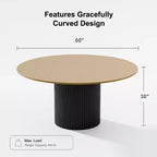 Table de salle à manger ronde en bois massif de 60" - Table de cuisine pour 6-8 personnes avec plateau et pieds cylindriques concaves pour salon/salle à manger/bureau - Naturel