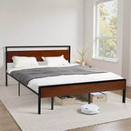 Cadre de lit King Size, plateforme en métal noir de 14 pouces avec tête et pied de lit rétro en bois marron, grand espace de rangement sous le lit, marron