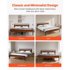 Cadre de lit King Size, plateforme en métal noir de 14 pouces avec tête et pied de lit rétro en bois marron, grand espace de rangement sous le lit, marron