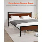 Cadre de lit King Size, plateforme en métal noir de 14 pouces avec tête et pied de lit rétro en bois marron, grand espace de rangement sous le lit, marron