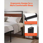 Cadre de lit King Size, plateforme en métal noir de 14 pouces avec tête et pied de lit rétro en bois marron, grand espace de rangement sous le lit, marron