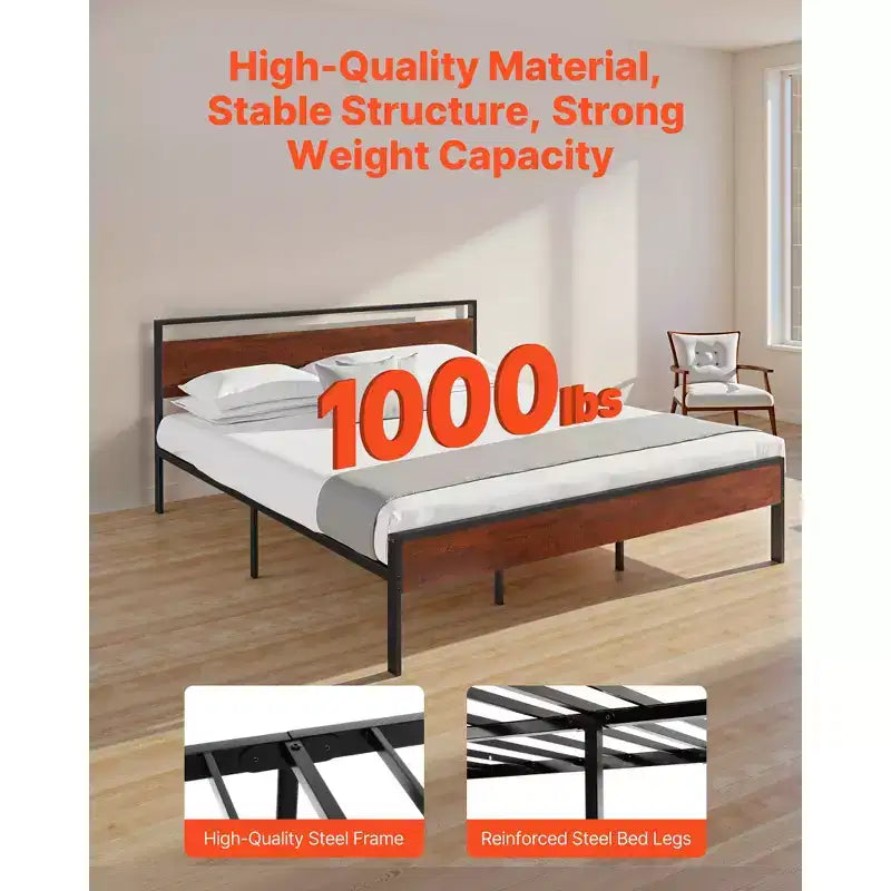 Cadre de lit King Size, plateforme en métal noir de 14 pouces avec tête et pied de lit rétro en bois marron, grand espace de rangement sous le lit, marron