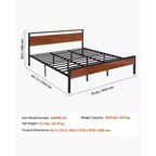 Cadre de lit King Size, plateforme en métal noir de 14 pouces avec tête et pied de lit rétro en bois marron, grand espace de rangement sous le lit, marron