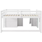 Lit mezzanine bas pleine grandeur avec toboggan, Cadre de lit mezzanine en bois pour enfants avec trois tiroirs de rangement, Blanc