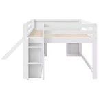 Lit mezzanine bas pleine grandeur avec toboggan, Cadre de lit mezzanine en bois pour enfants avec trois tiroirs de rangement, Blanc