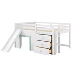 Lit mezzanine bas pleine grandeur avec toboggan, Cadre de lit mezzanine en bois pour enfants avec trois tiroirs de rangement, Blanc