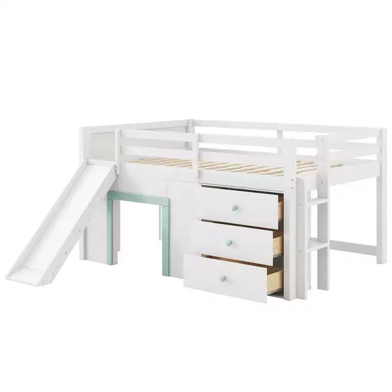 Lit mezzanine bas pleine grandeur avec toboggan, Cadre de lit mezzanine en bois pour enfants avec trois tiroirs de rangement, Blanc