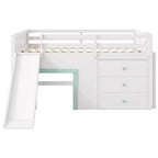 Lit mezzanine bas pleine grandeur avec toboggan, Cadre de lit mezzanine en bois pour enfants avec trois tiroirs de rangement, Blanc