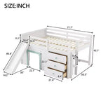 Lit mezzanine bas pleine grandeur avec toboggan, Cadre de lit mezzanine en bois pour enfants avec trois tiroirs de rangement, Blanc