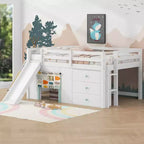 Lit mezzanine bas pleine grandeur avec toboggan, Cadre de lit mezzanine en bois pour enfants avec trois tiroirs de rangement, Blanc