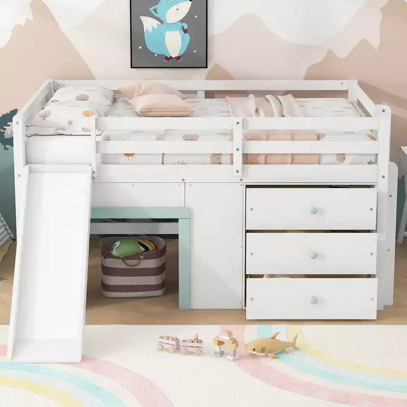 Lit mezzanine bas pleine grandeur avec toboggan, Cadre de lit mezzanine en bois pour enfants avec trois tiroirs de rangement, Blanc