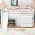 Lit mezzanine bas pleine grandeur avec toboggan, Cadre de lit mezzanine en bois pour enfants avec trois tiroirs de rangement, Blanc