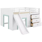Lit mezzanine bas pleine grandeur avec toboggan, Cadre de lit mezzanine en bois pour enfants avec trois tiroirs de rangement, Blanc