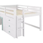 Lit mezzanine bas pleine grandeur avec toboggan, Cadre de lit mezzanine en bois pour enfants avec trois tiroirs de rangement, Blanc