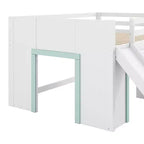 Lit mezzanine bas pleine grandeur avec toboggan, Cadre de lit mezzanine en bois pour enfants avec trois tiroirs de rangement, Blanc