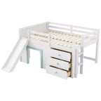 Lit mezzanine bas pleine grandeur avec toboggan, Cadre de lit mezzanine en bois pour enfants avec trois tiroirs de rangement, Blanc
