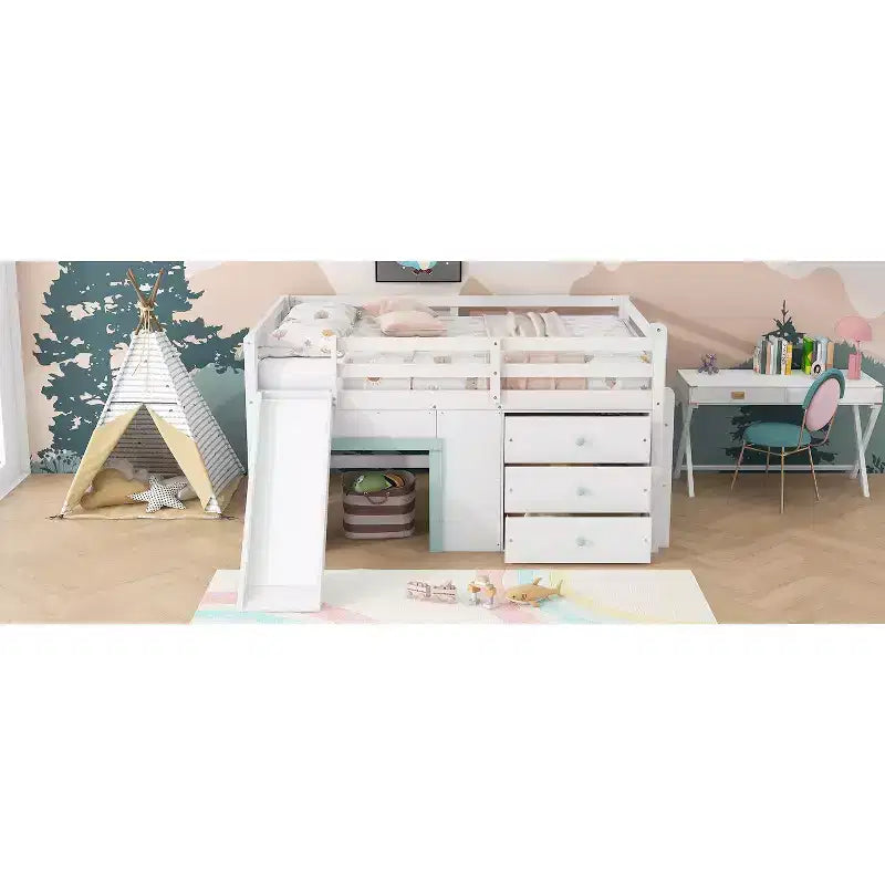 Lit mezzanine bas pleine grandeur avec toboggan, Cadre de lit mezzanine en bois pour enfants avec trois tiroirs de rangement, Blanc