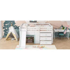 Lit mezzanine bas pleine grandeur avec toboggan, Cadre de lit mezzanine en bois pour enfants avec trois tiroirs de rangement, Blanc