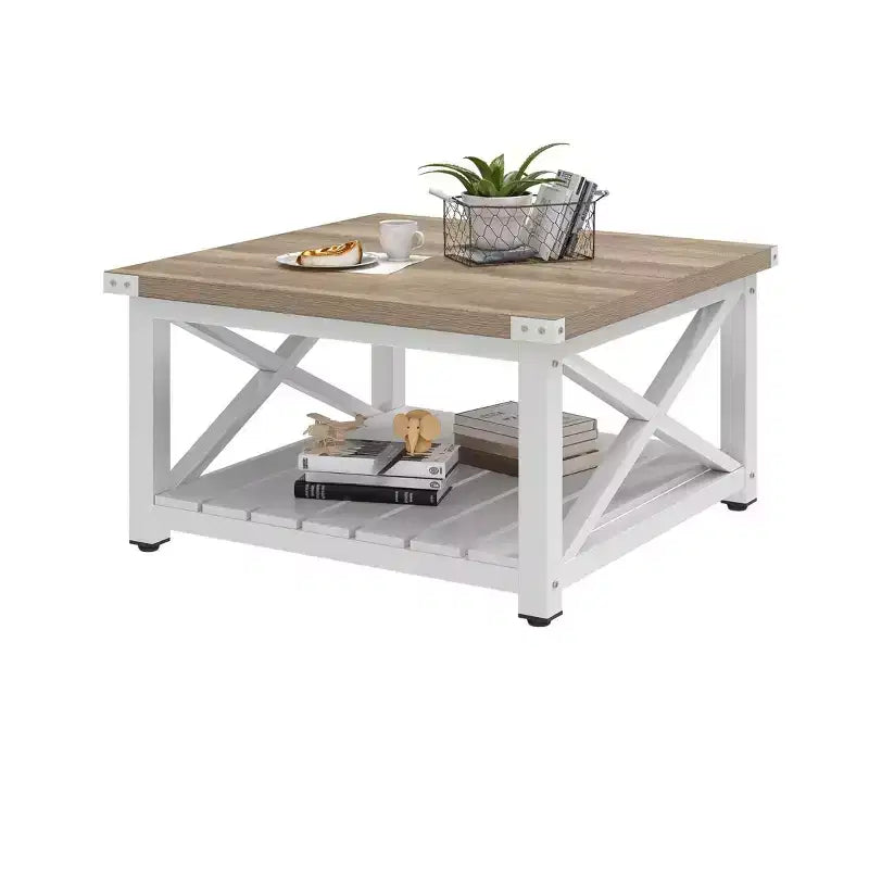 Table basse pour salon, table basse carrée en bois de style fermier avec rangement, table basse rustique, table basse de salon vintage avec étagère