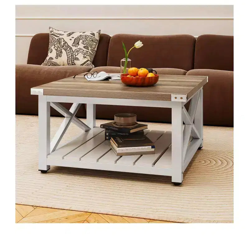 Table basse pour salon, table basse carrée en bois de style fermier avec rangement, table basse rustique, table basse de salon vintage avec étagère