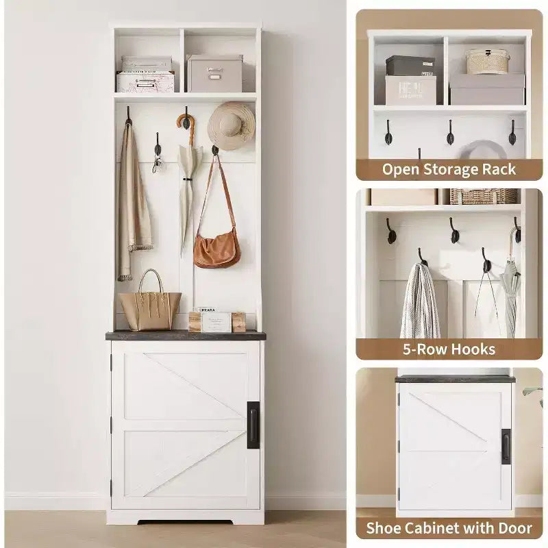 Porte-manteau étroit de style rustique avec rangement à chaussures, petit meuble d'entrée avec banc de 60 cm, 5 crochets, 2 casiers et 1 armoire avec porte coulissante pour entrée, salon