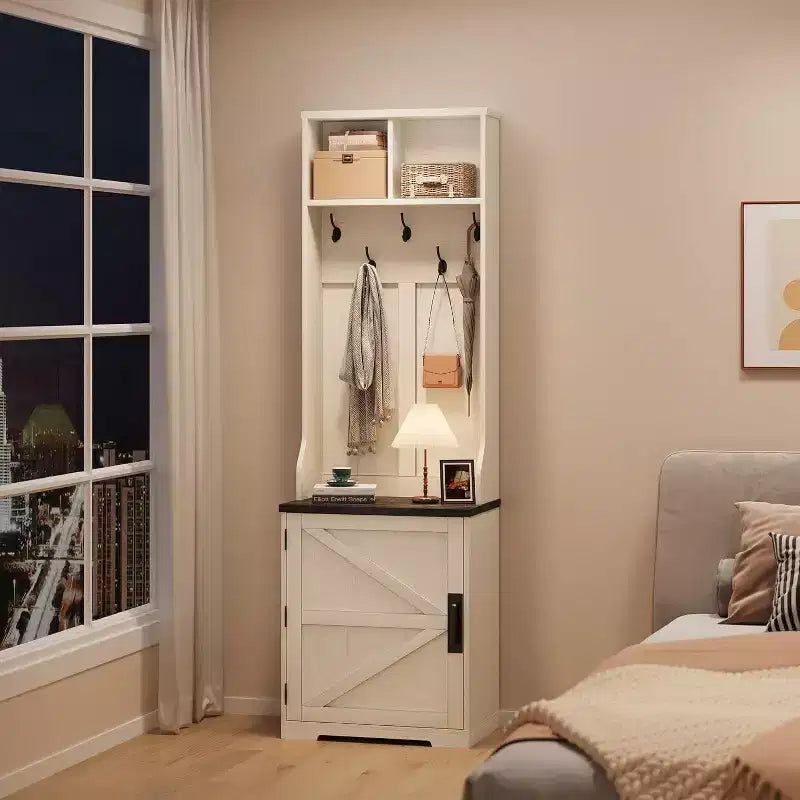Porte-manteau étroit de style rustique avec rangement à chaussures, petit meuble d'entrée avec banc de 60 cm, 5 crochets, 2 casiers et 1 armoire avec porte coulissante pour entrée, salon