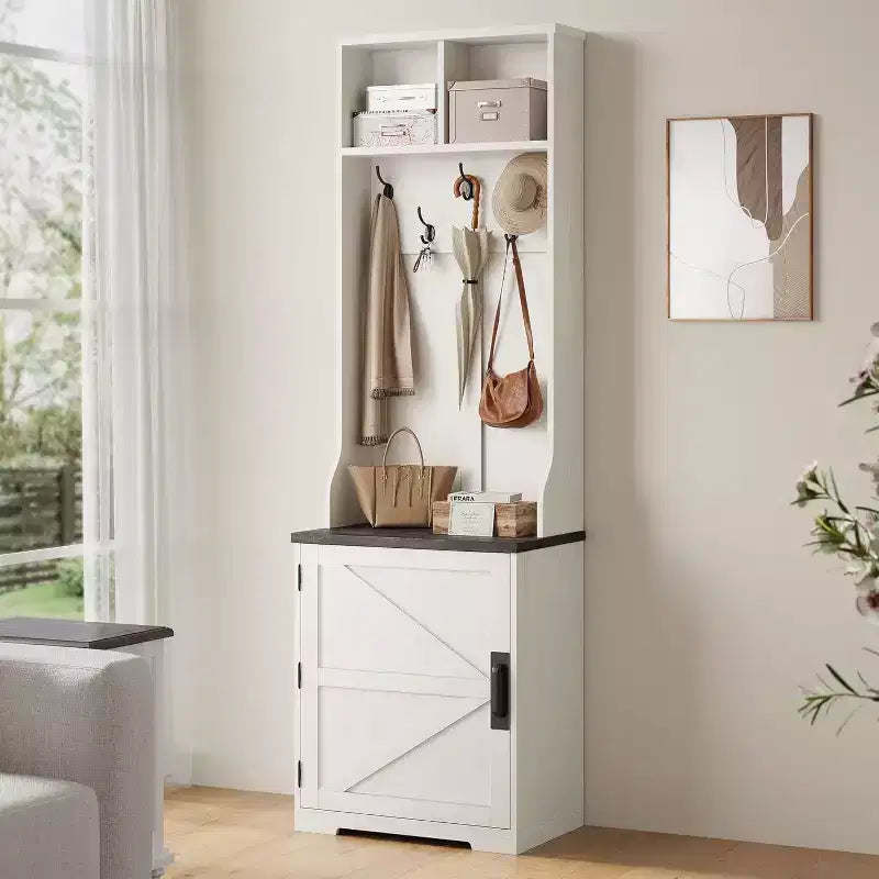 Porte-manteau étroit de style rustique avec rangement à chaussures, petit meuble d'entrée avec banc de 60 cm, 5 crochets, 2 casiers et 1 armoire avec porte coulissante pour entrée, salon