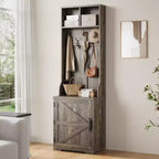 Porte-manteau étroit de style rustique avec rangement à chaussures, petit meuble d'entrée avec banc de 60 cm, 5 crochets, 2 casiers et 1 armoire avec porte coulissante pour entrée, salon