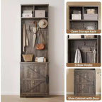Porte-manteau étroit de style rustique avec rangement à chaussures, petit meuble d'entrée avec banc de 60 cm, 5 crochets, 2 casiers et 1 armoire avec porte coulissante pour entrée, salon