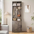 Farmhouse Narrow Coat Rack with Shoe Storage, 23.6 Small Hall Tree with Bench, 5 Hooks, 2 Cubbies & 1 Barn Door Cabinet for Entryway, Living room