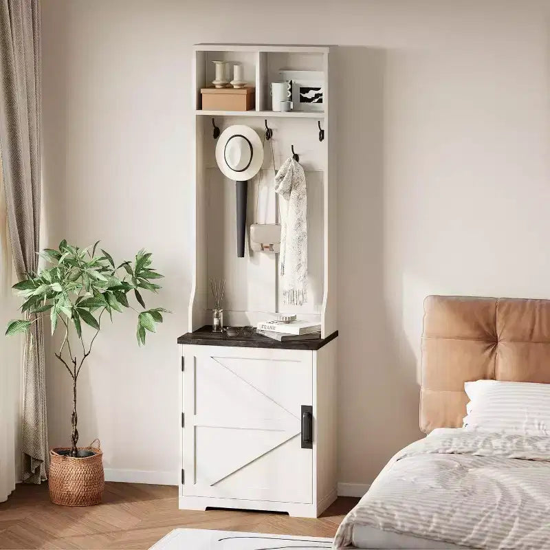 Porte-manteau étroit de style rustique avec rangement à chaussures, petit meuble d'entrée avec banc de 60 cm, 5 crochets, 2 casiers et 1 armoire avec porte coulissante pour entrée, salon