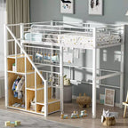 Lit mezzanine double avec escalier pour enfants, Lits superposés en métal avec petite armoire, Cadre de lit haut avec maille décorative