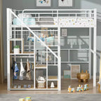 Lit mezzanine double avec escalier pour enfants, Lits superposés en métal avec petite armoire, Cadre de lit haut avec maille décorative