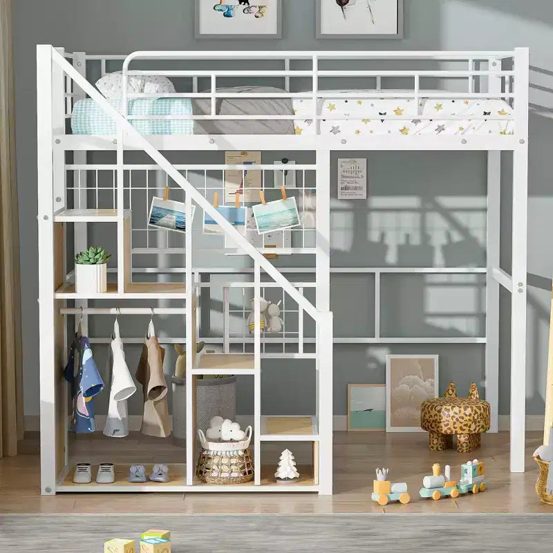 Lit mezzanine double avec escalier pour enfants, Lits superposés en métal avec petite armoire, Cadre de lit haut avec maille décorative