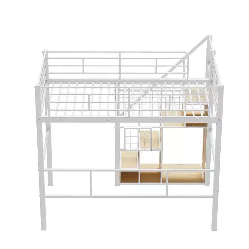 Lit mezzanine double avec escalier pour enfants, Lits superposés en métal avec petite armoire, Cadre de lit haut avec maille décorative
