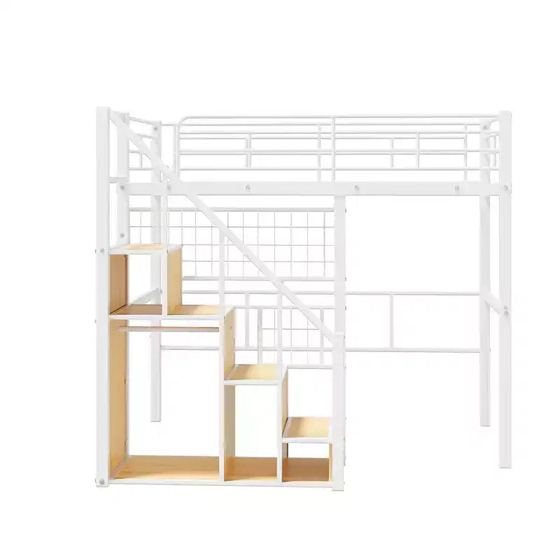 Lit mezzanine double avec escalier pour enfants, Lits superposés en métal avec petite armoire, Cadre de lit haut avec maille décorative