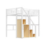 Lit mezzanine double avec escalier pour enfants, Lits superposés en métal avec petite armoire, Cadre de lit haut avec maille décorative